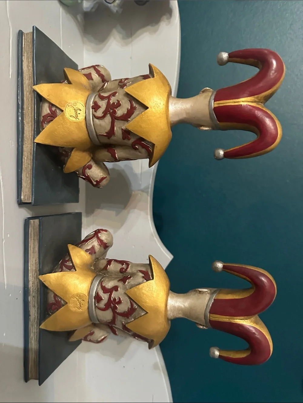 Whimsical Jester Bookend Pair in Red, Gold, and Cream
